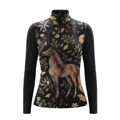 Black long sleeve quarter zip riding top with a chestnut horse and botanical print on the front panel