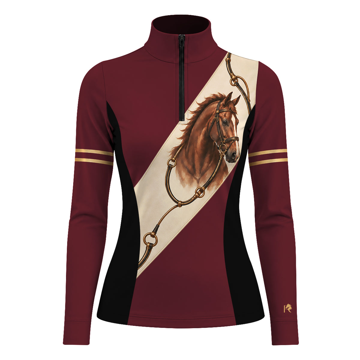 Deep burgundy long sleeve quarter zip riding top with diagonal off white sash panel printed with a chestnut horse head, bridle and bit