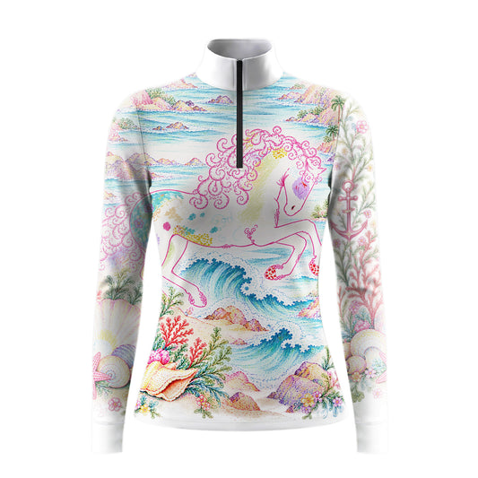 White long sleeve quarter zip riding top with coastal horse print and solid white hem band