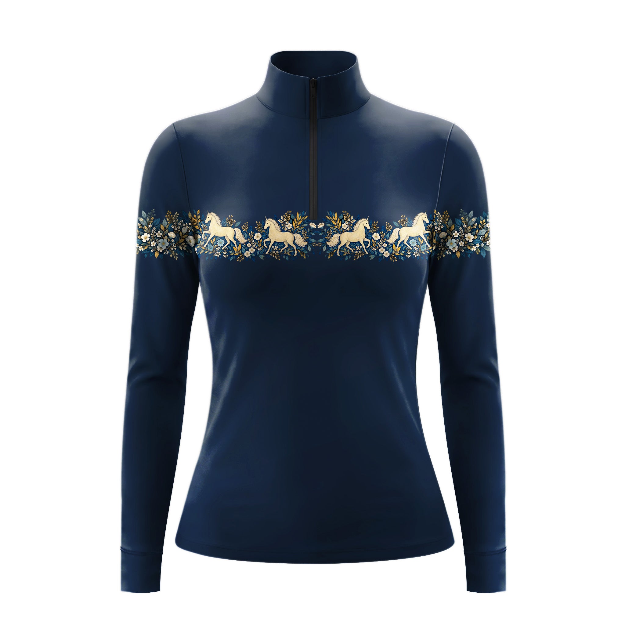 Navy long sleeve quarter zip riding top with cream horse and floral print across the chest and upper sleeves