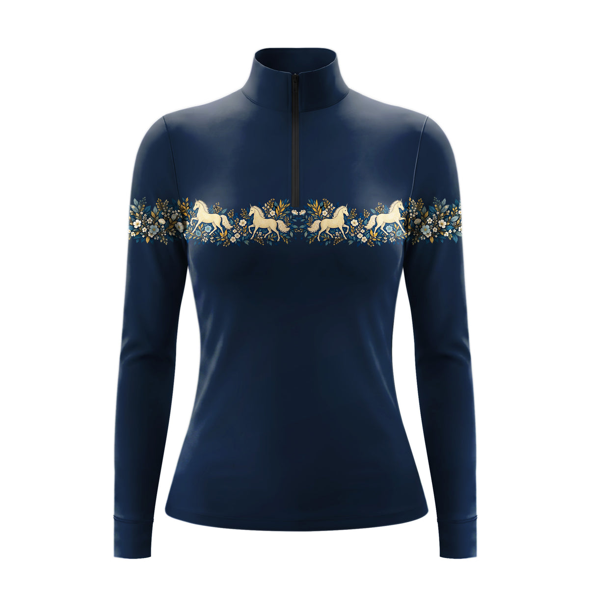 Navy long sleeve quarter zip riding top with cream horse and floral print across the chest and upper sleeves