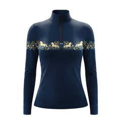 Navy long sleeve quarter zip riding top with cream horse and floral print across the chest and upper sleeves
