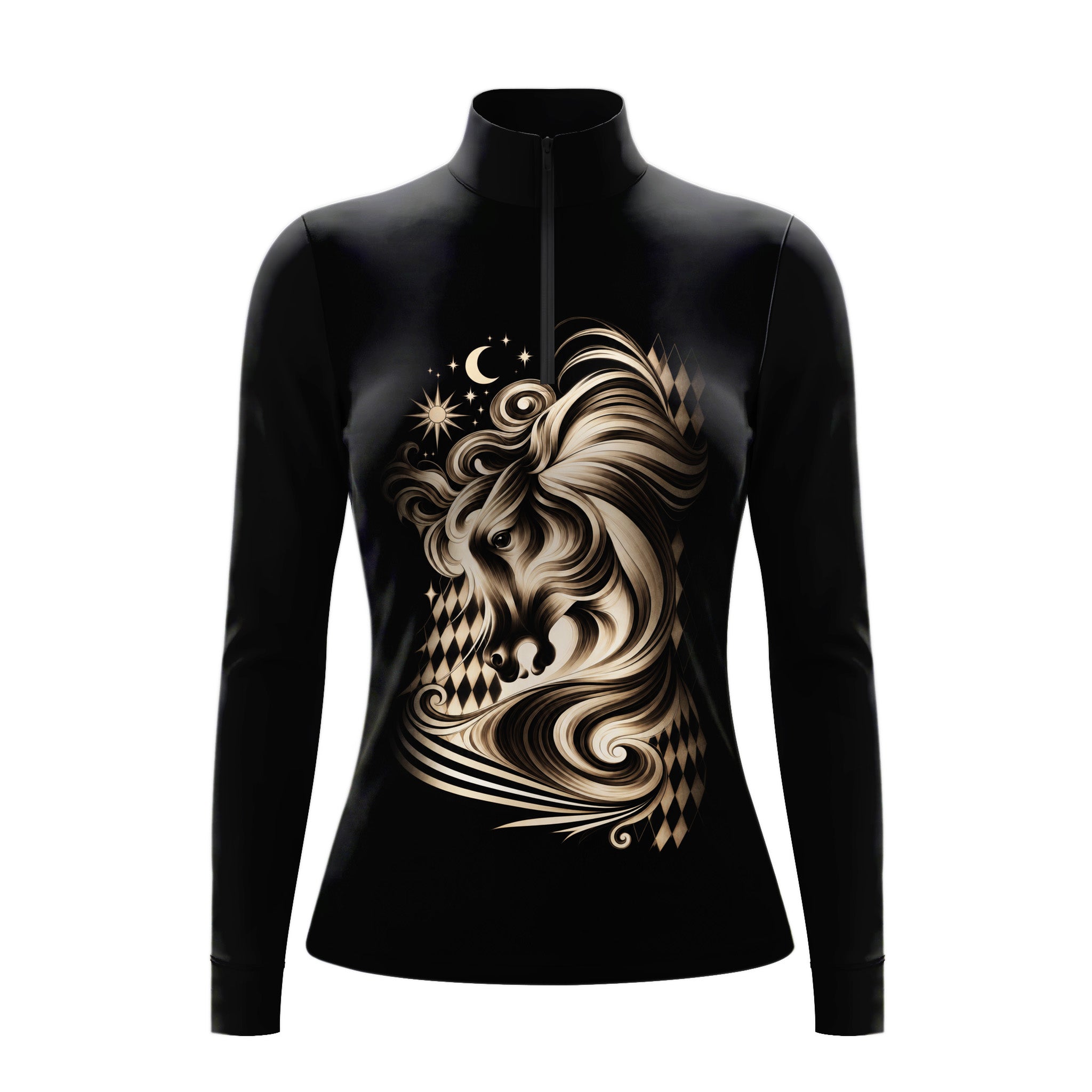Black long sleeve quarter zip riding top with celestial horse print on the center front