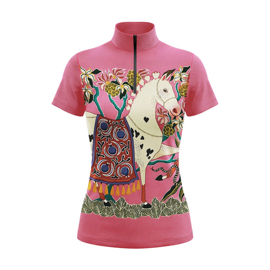 RIDER ATELIER Folk Art Horse Print Short-Sleeve Quarter-Zip Riding Top