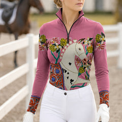 RIDER ATELIER Artisan Dala Horse Equestrian Quarter-Zip Top | Dusty Rose Riding Shirt