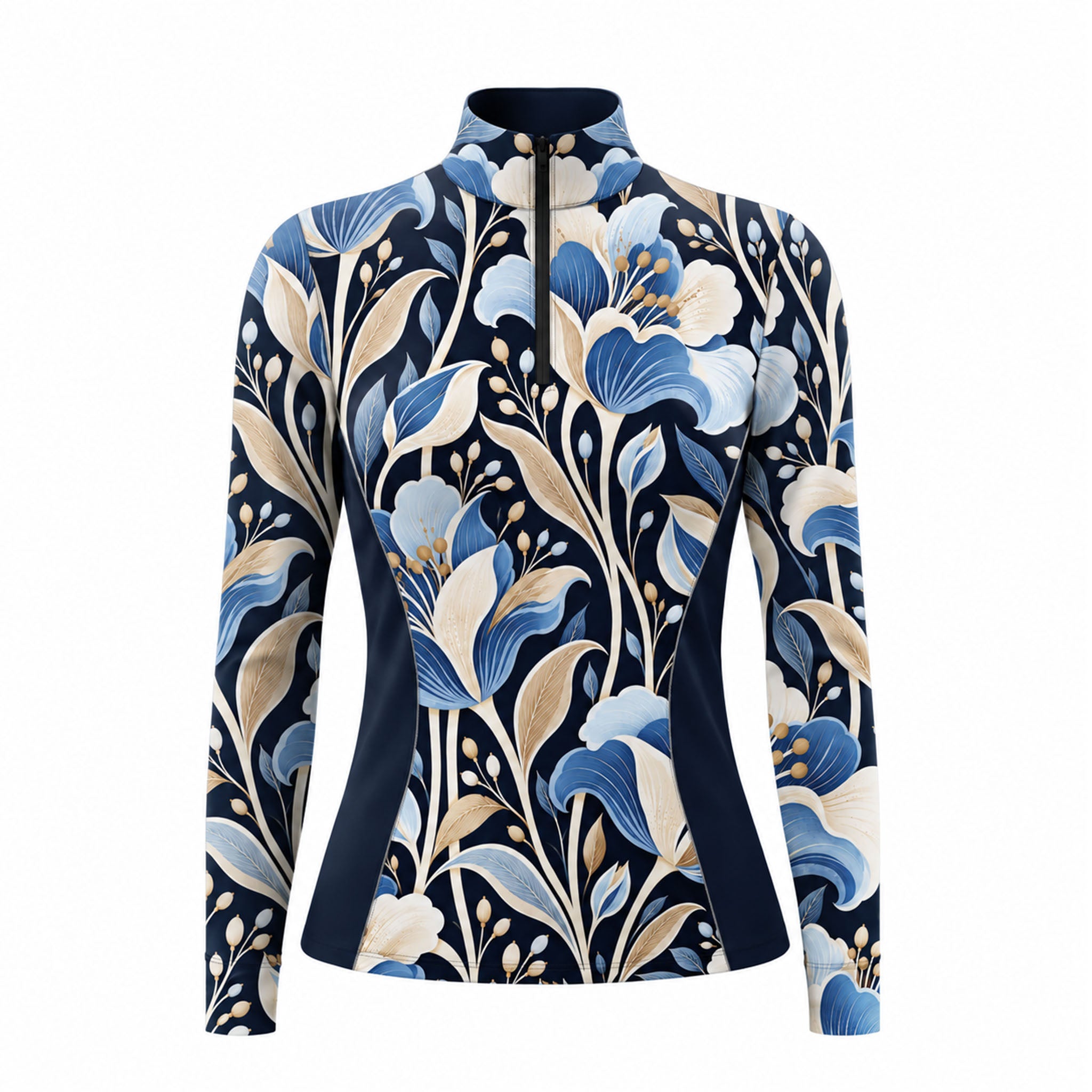 Long sleeve quarter zip riding top in dark navy floral print with solid navy side panels
