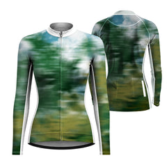 Women Long Sleeve Blurred Forest Nature Landscape Cycling Jersey Full Zip Bike Top