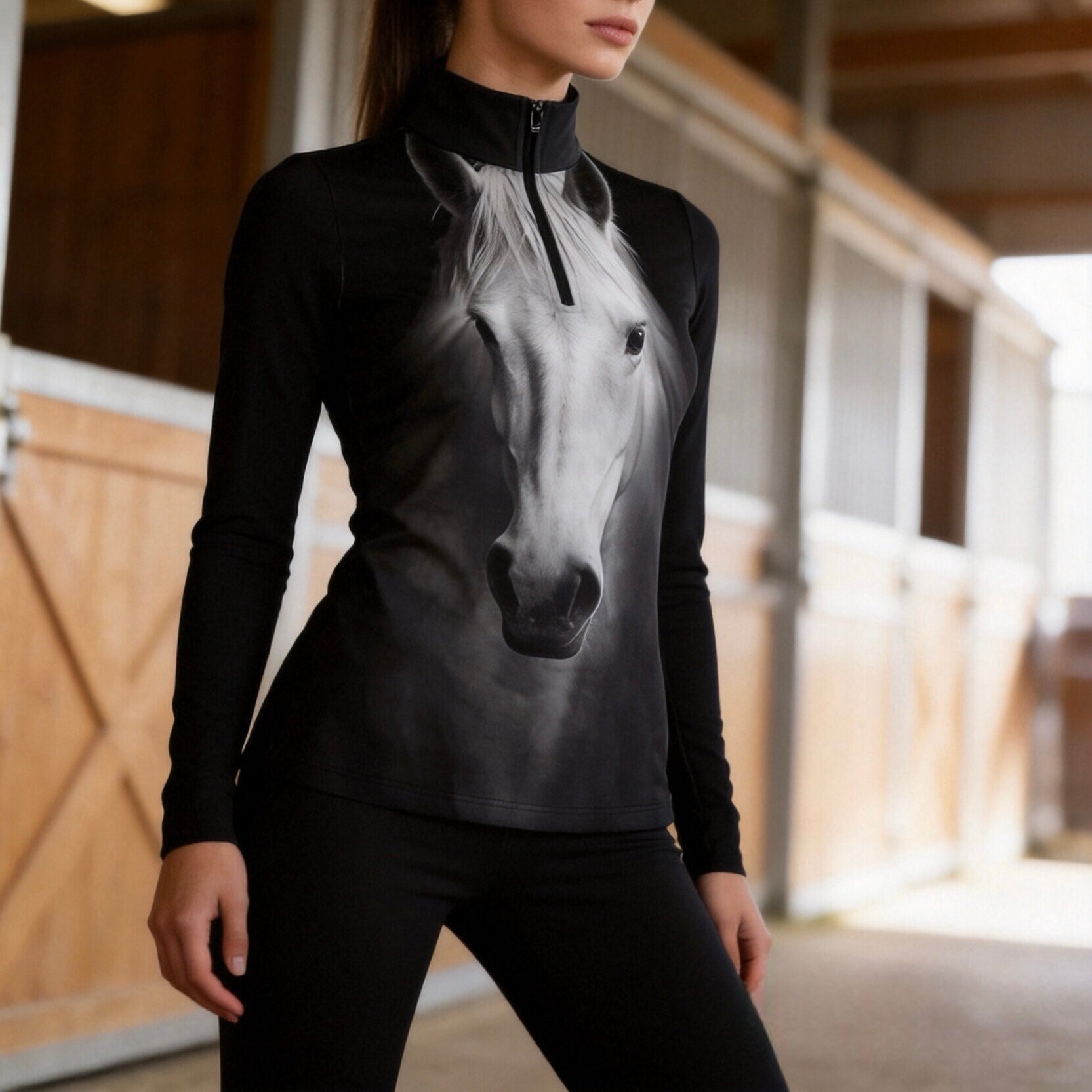 Indoor barn stall lifestyle shot of female rider wearing black long‑sleeve quarter‑zip riding top with dramatic realistic white horse‑head front print