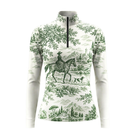 Long sleeve quarter zip riding top in off white with a monochrome green equestrian toile print on the upper front, collar and upper sleeves