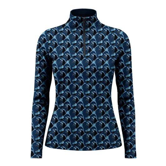 Black‑White Color‑Block Galloping Horse Floral Border‑Print Short‑Sleeve Quarter‑Zip Riding Top
