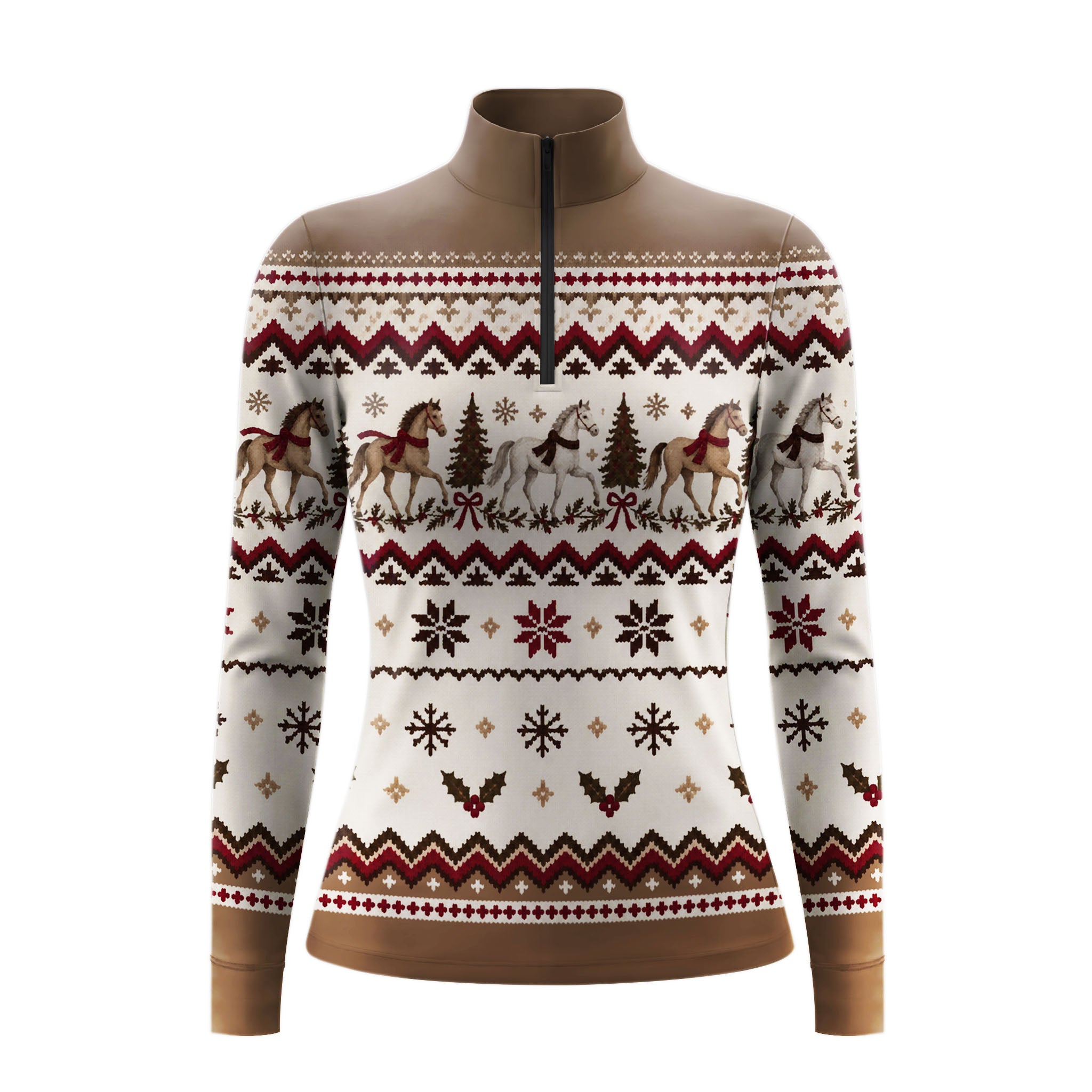 Brown long sleeve quarter zip riding top with off white fair isle style print bands and solid brown stand up collar, shoulder panel, cuffs and hem