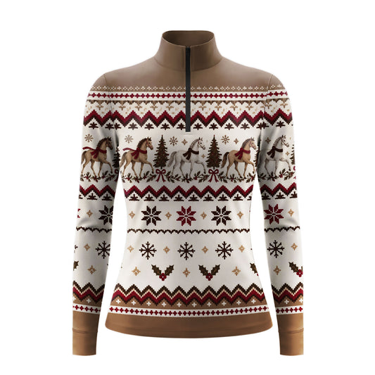 Brown long sleeve quarter zip riding top with off white fair isle style print bands and solid brown stand up collar, shoulder panel, cuffs and hem