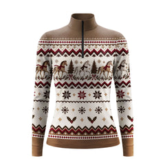 Brown long sleeve quarter zip riding top with off white fair isle style print bands and solid brown stand up collar, shoulder panel, cuffs and hem