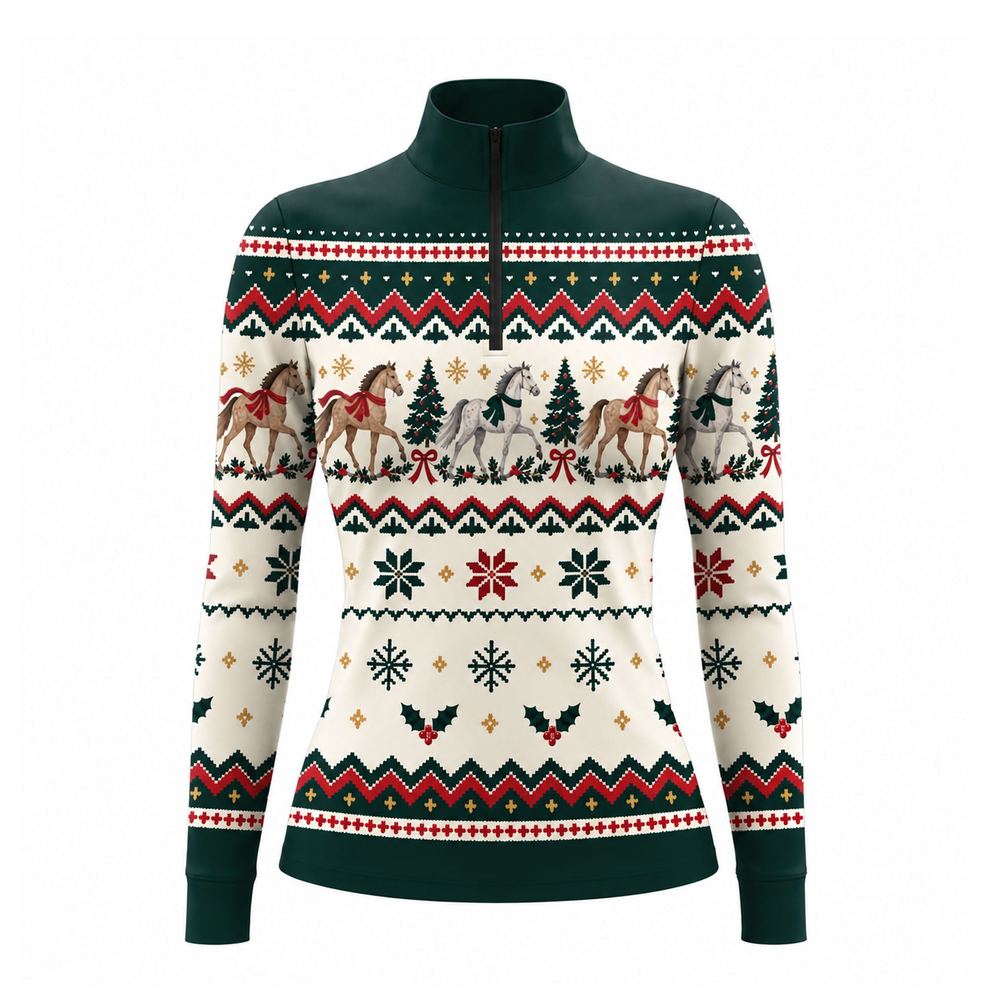 Green long sleeve quarter zip riding top with off white fair isle style print bands and solid dark green stand up collar, shoulder panel, cuffs and hem