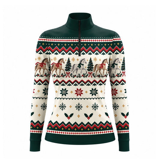 Green long sleeve quarter zip riding top with off white fair isle style print bands and solid dark green stand up collar, shoulder panel, cuffs and hem