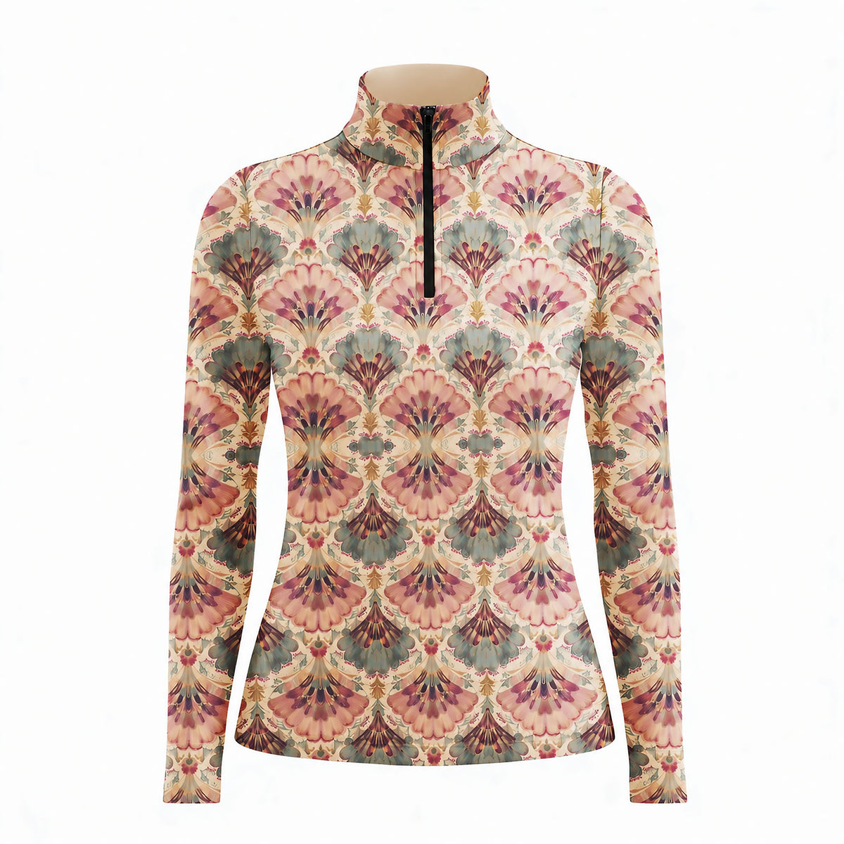 Light beige long sleeve quarter zip riding top with a fan shaped floral print in pink, muted teal, deep purple and gold, shown flat with a tailored silhouette