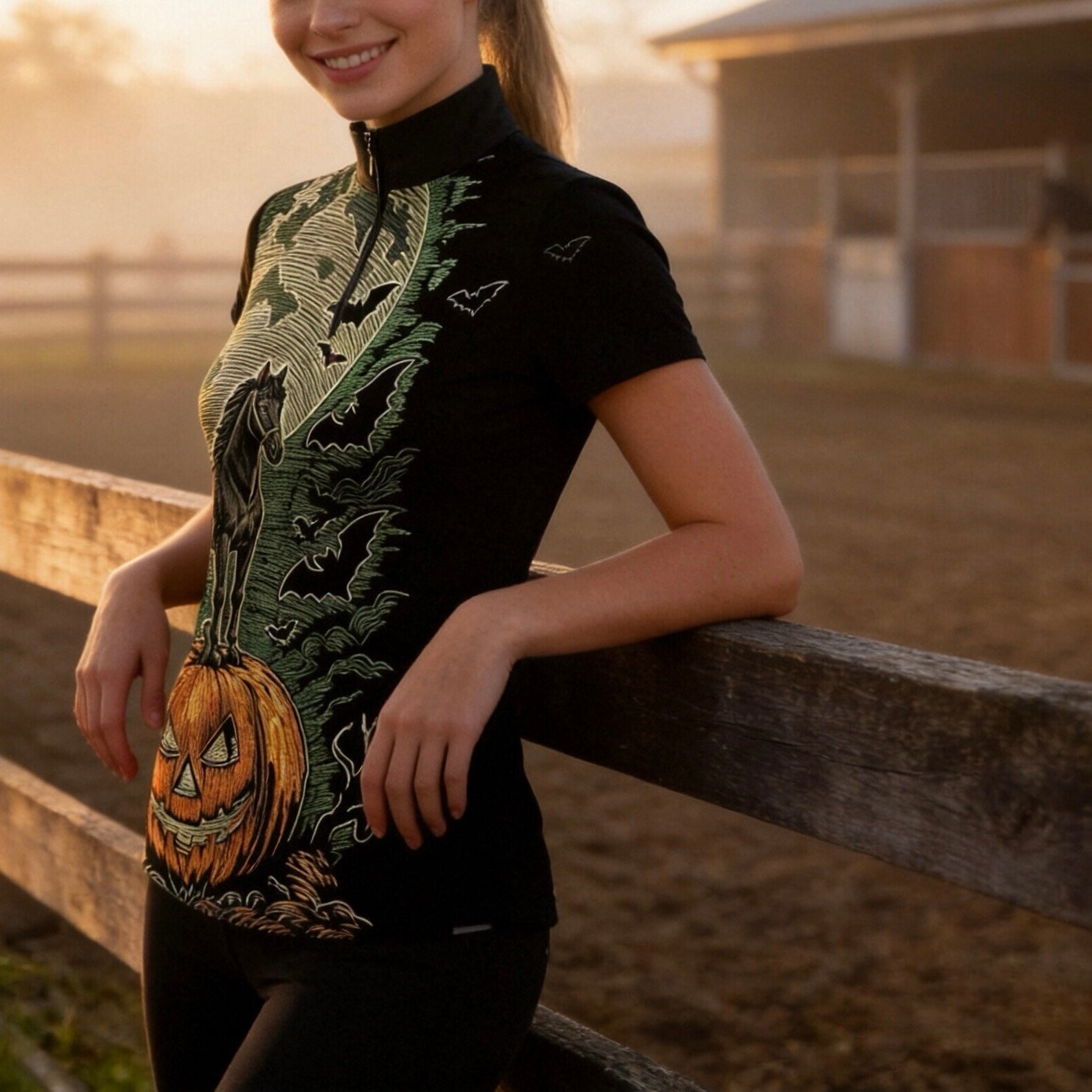 Golden sunset barn‑fence lifestyle shot of female rider leaning on wooden fence wearing Halloween themed woodcut horse pumpkin bat print short‑sleeve riding top
