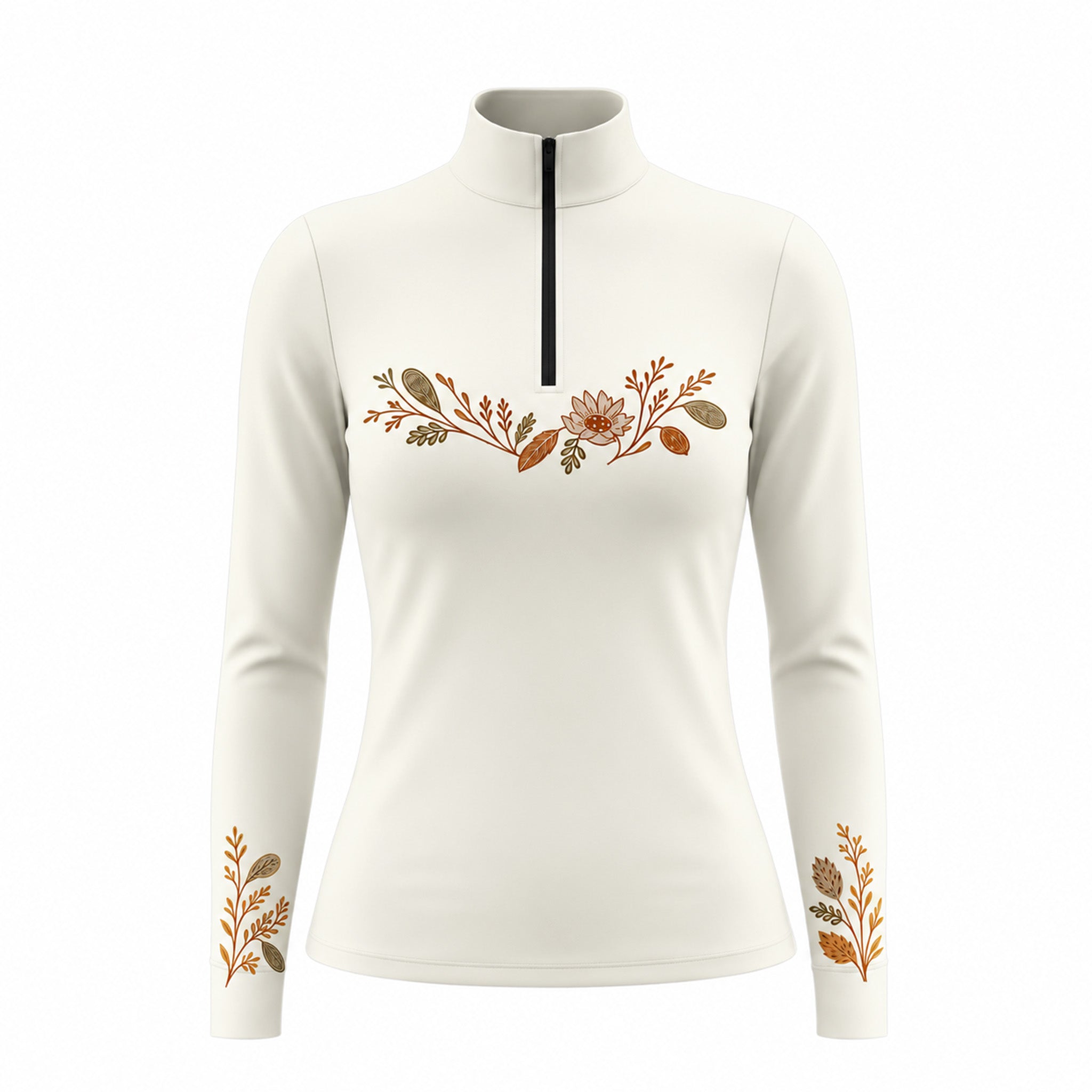 Light off white long sleeve quarter zip riding top with warm brown, rust orange and olive green floral artwork across the upper chest