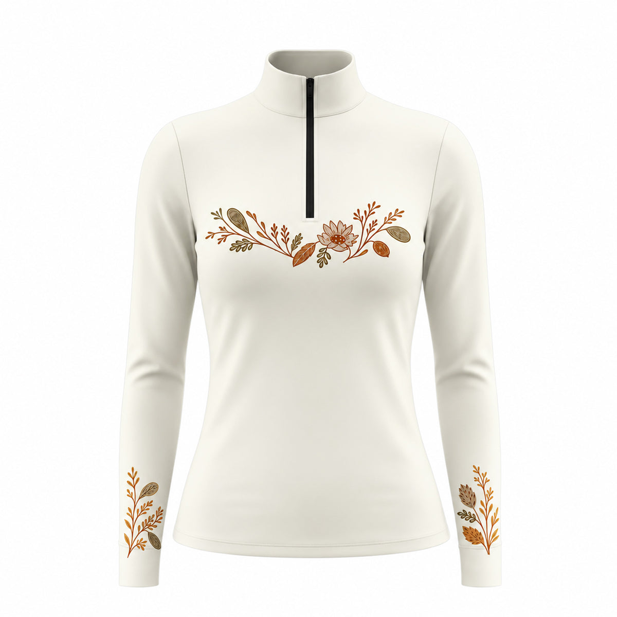 Light off white long sleeve quarter zip riding top with warm brown, rust orange and olive green floral artwork across the upper chest