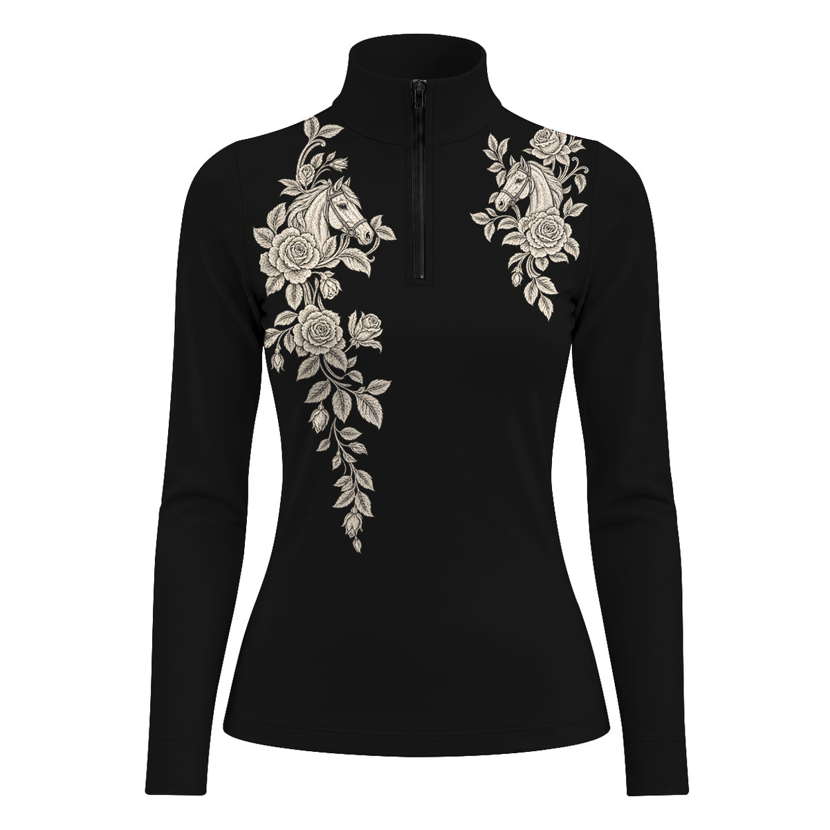 Black long sleeve quarter zip riding top with off white horse and rose prints on each side of the front zipper
