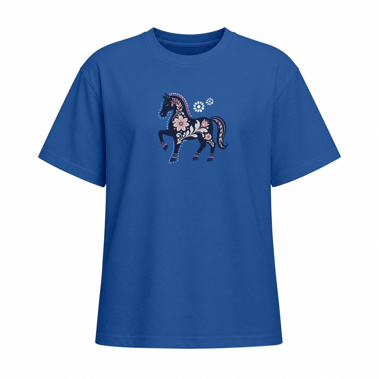 Blue short sleeve T shirt with floral prancing horse chest graphic