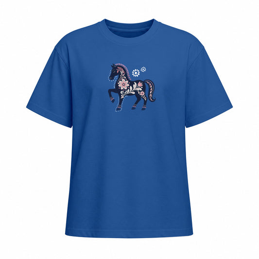 Blue short sleeve T shirt with floral prancing horse chest graphic