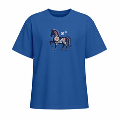 Blue short sleeve T shirt with floral prancing horse chest graphic