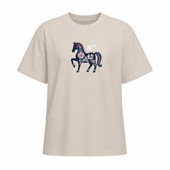 Khaki short sleeve T shirt with floral prancing horse chest graphic
