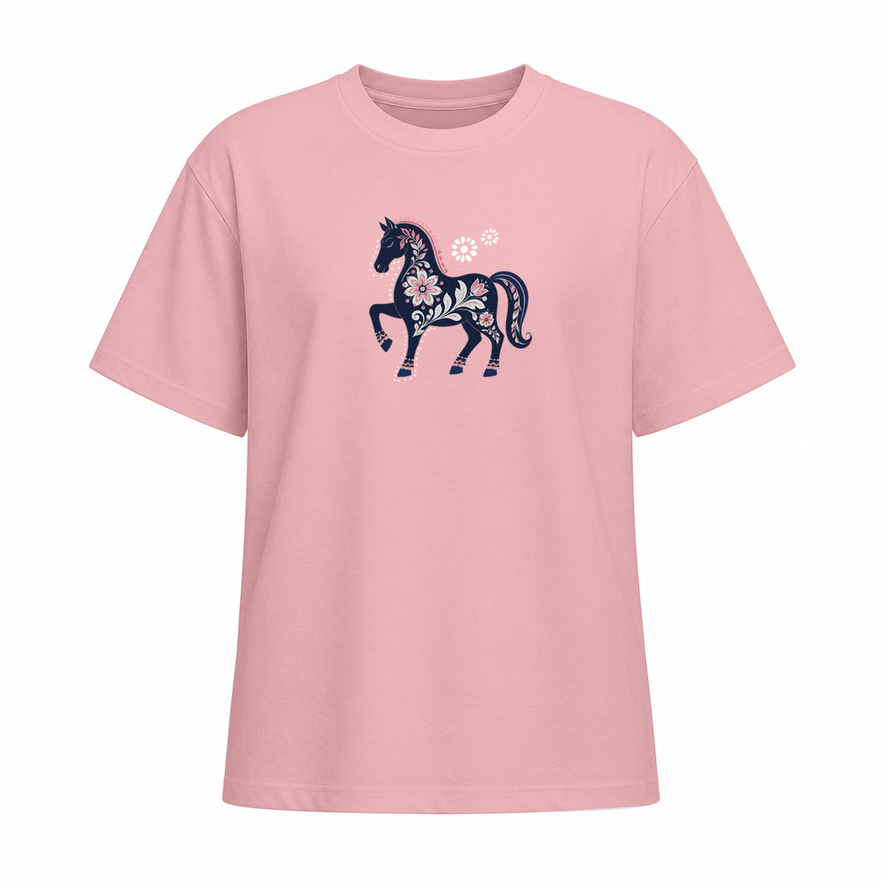 Pink short sleeve T shirt with floral prancing horse chest graphic