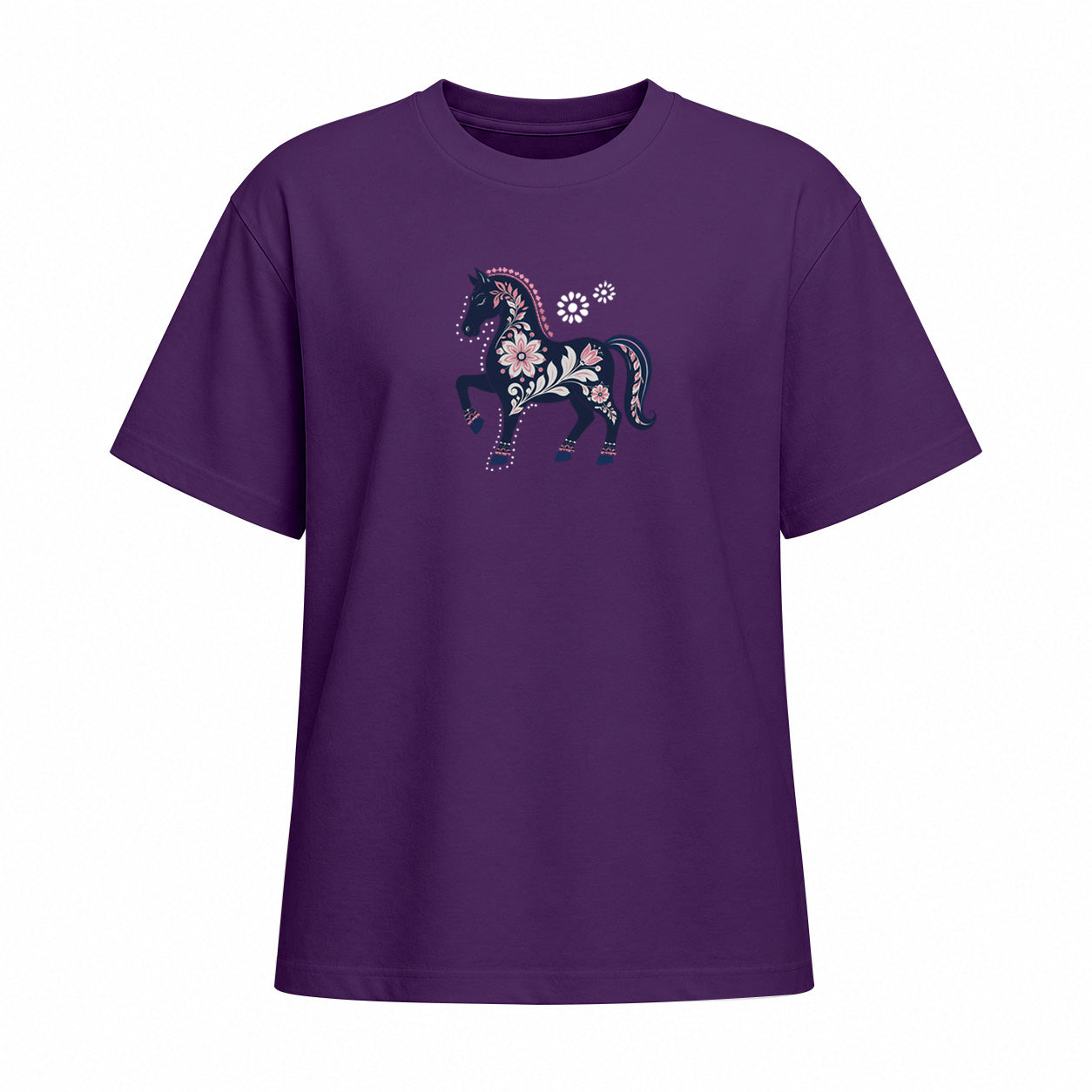 Purple short sleeve T shirt with floral prancing horse chest graphic