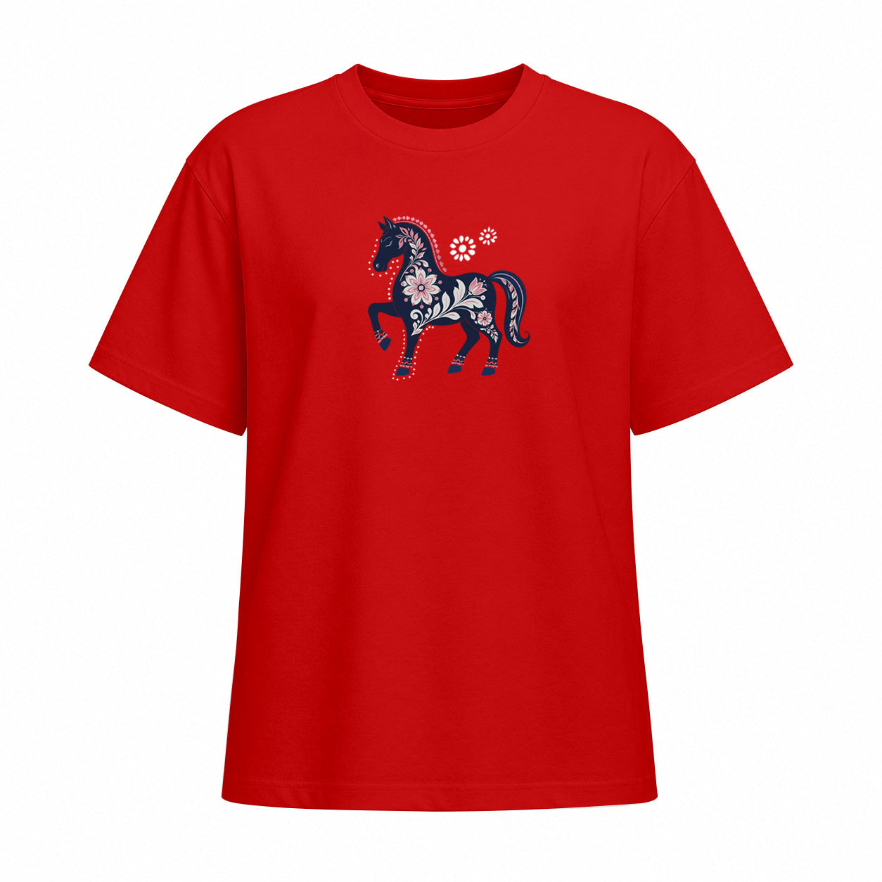 Red short sleeve T shirt with floral prancing horse chest graphic