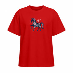 Red short sleeve T shirt with floral prancing horse chest graphic