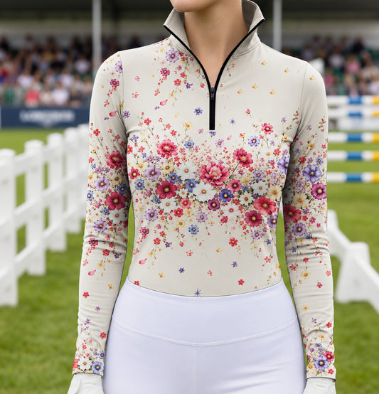 Woman wearing the cream floral print long sleeve quarter zip riding top with white riding breeches near a horse