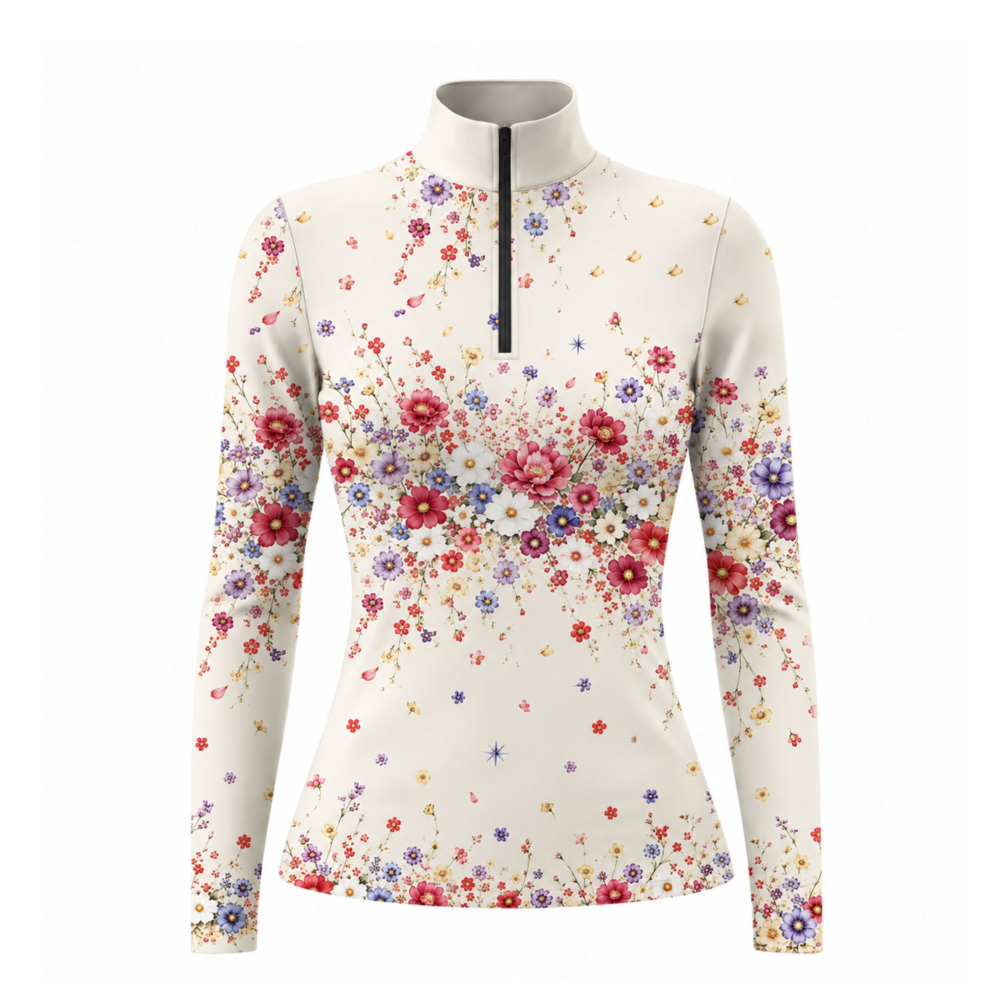 Cream floral print long sleeve quarter zip riding top with black stand up collar zipper and fitted long sleeves