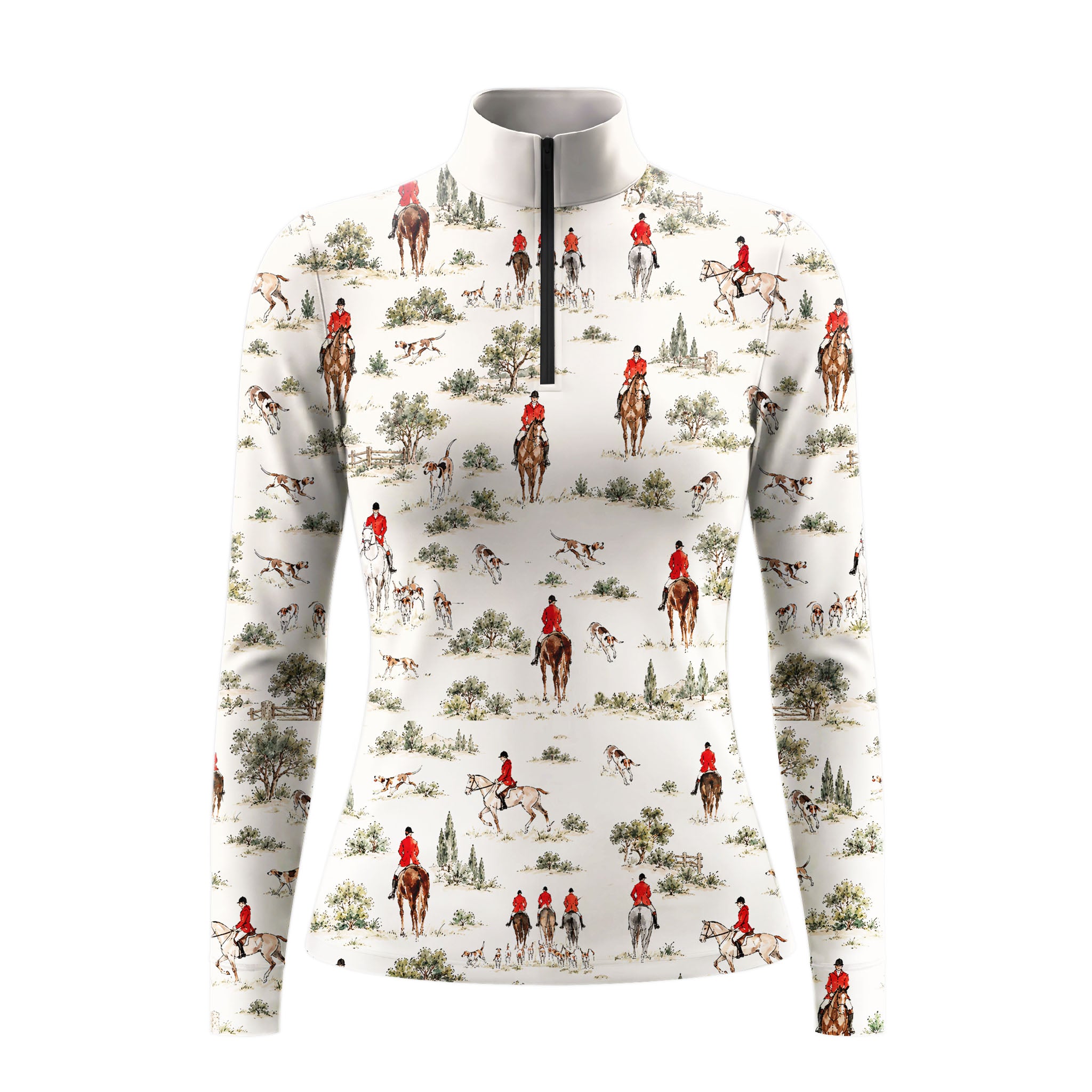 White Long Sleeve Quarter Zip Riding Top with Rider artwork