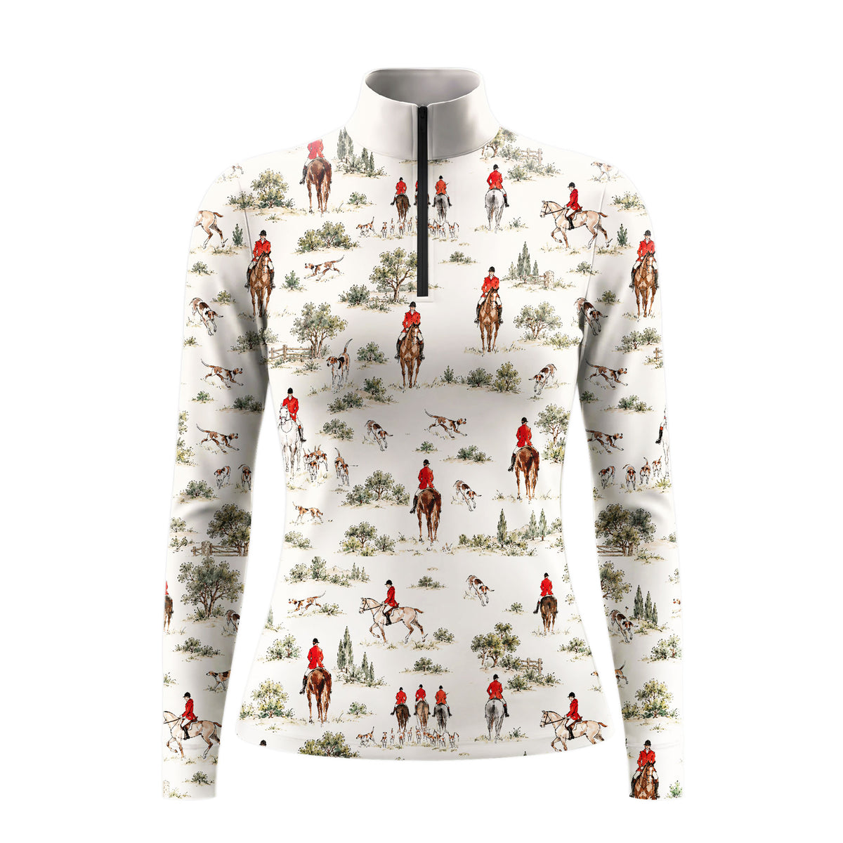 White Long Sleeve Quarter Zip Riding Top with Rider artwork