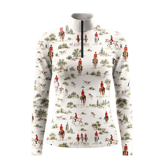 White Long Sleeve Quarter Zip Riding Top with Rider artwork