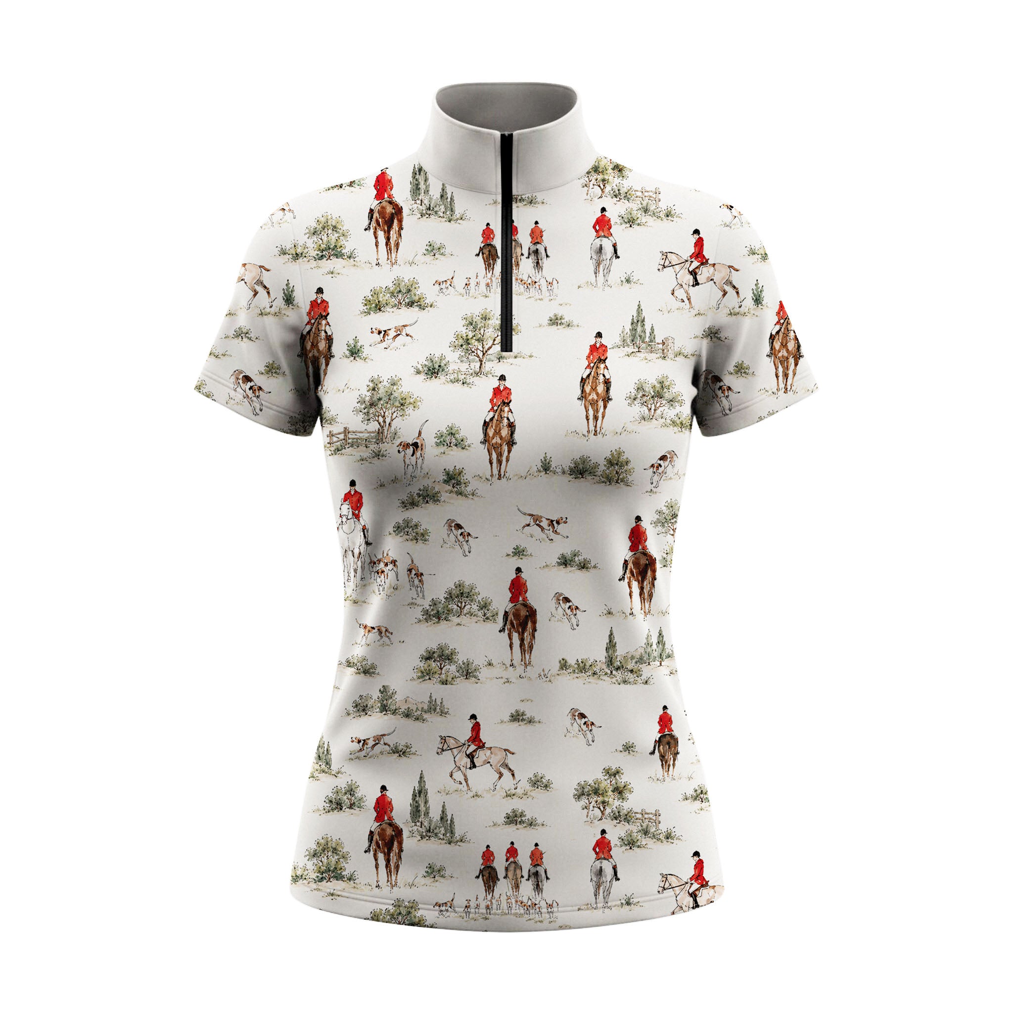 Off white short sleeve quarter zip riding top with an all over foxhunting scene print, stand up mock collar and black quarter zip placket