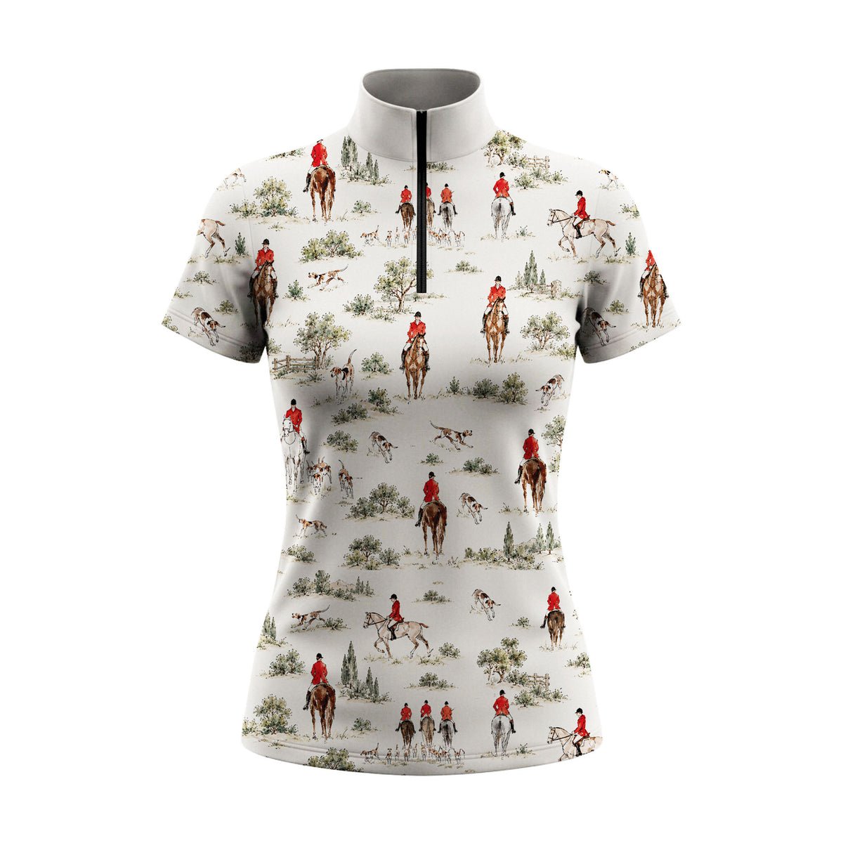Off white short sleeve quarter zip riding top with an all over foxhunting scene print, stand up mock collar and black quarter zip placket