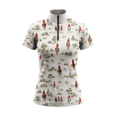 Off white short sleeve quarter zip riding top with an all over foxhunting scene print, stand up mock collar and black quarter zip placket