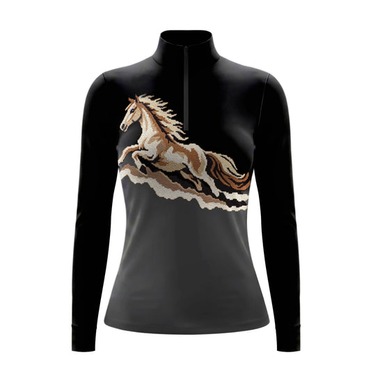 Long sleeve quarter zip riding top in black and dark gray with a tan, cream and dark brown galloping horse print across the front chest
