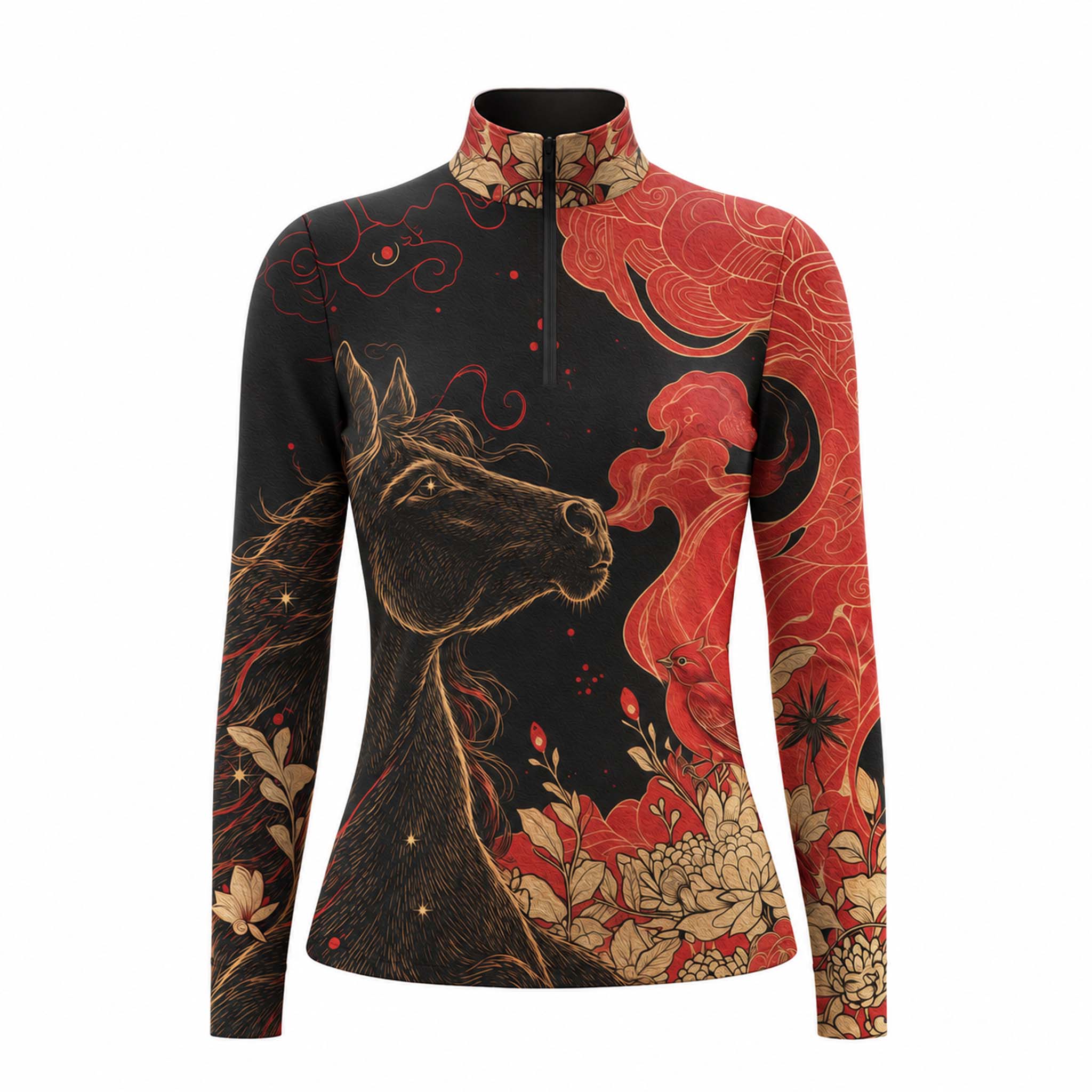 Black long sleeve quarter zip riding top with gold horse head print and red cloud artwork on the front