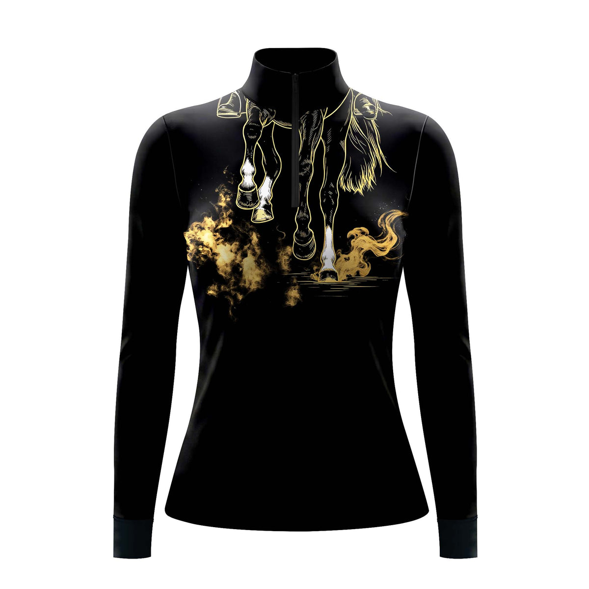 Black long sleeve quarter zip riding top with gold horse leg line art and ink wash print on the chest