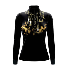 Black long sleeve quarter zip riding top with gold horse leg line art and ink wash print on the chest
