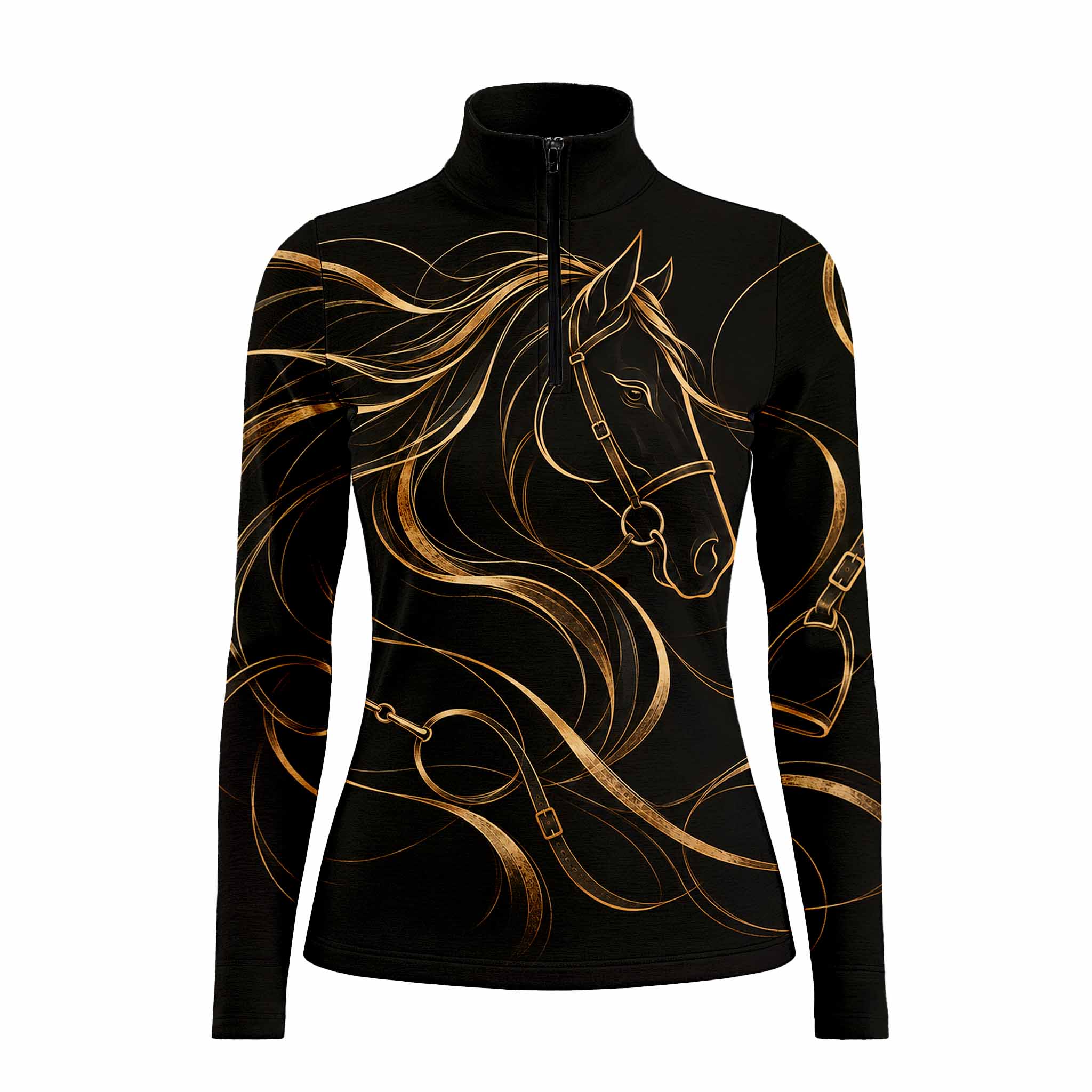 Black long sleeve quarter zip riding top with gold horse line art on the front and sleeves