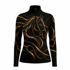 Black long sleeve quarter zip riding top with gold horse line art on the front and sleeves