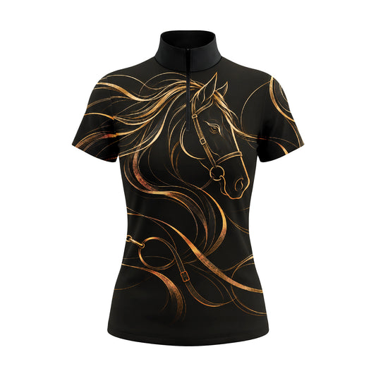 Black Short Sleeve Quarter Zip Riding Top with Horse artwork