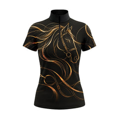 Black Short Sleeve Quarter Zip Riding Top with Horse artwork