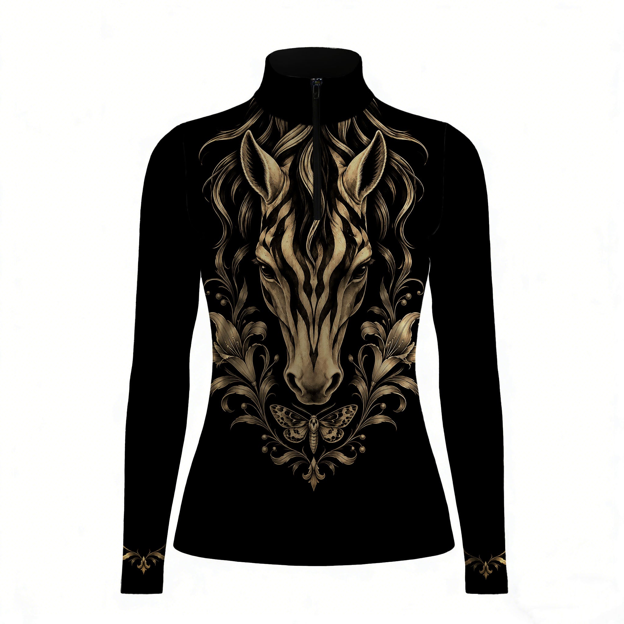 Black long sleeve quarter zip riding top with gold zebra striped horse and floral front print