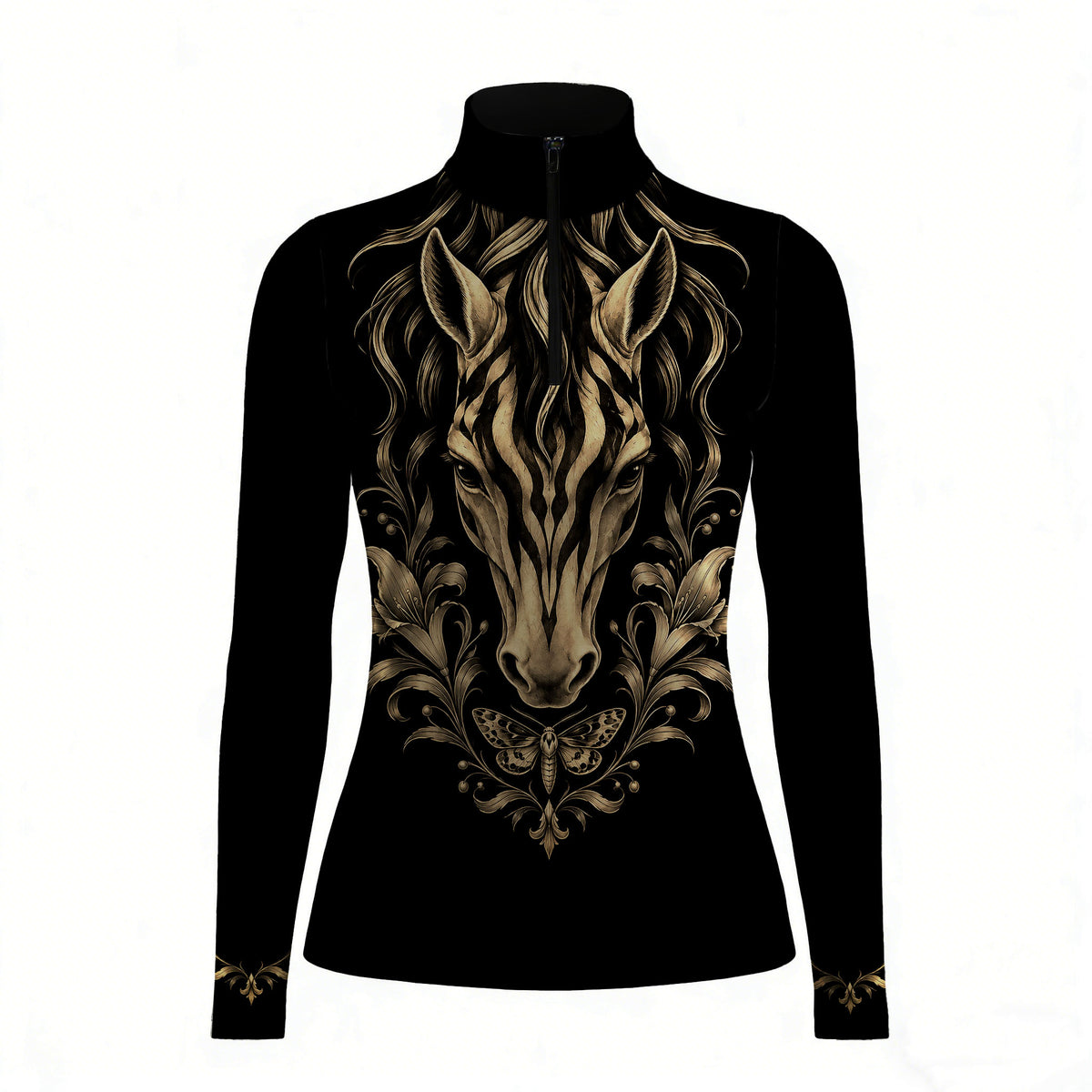 Black long sleeve quarter zip riding top with gold zebra striped horse and floral front print